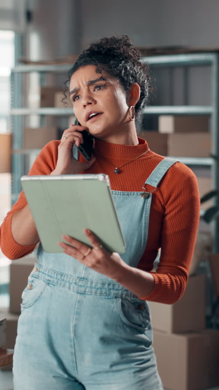 Young Woman Talking on Phone and Using Tablet in Small Business Warehouse