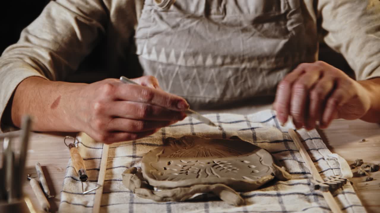 joven hace patrones en la placa de arcilla húmeda usando una herramienta