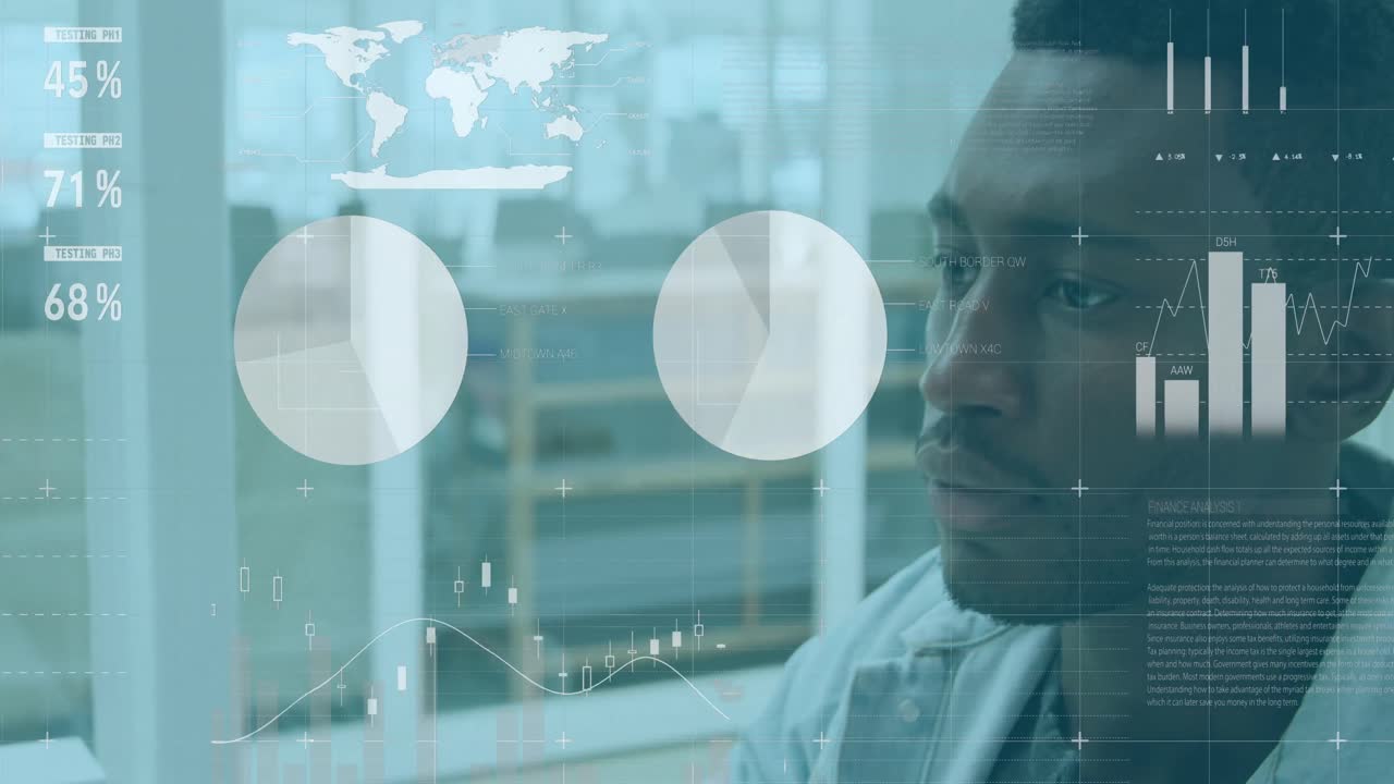 Animation of statistics and data processing over african american businessman
