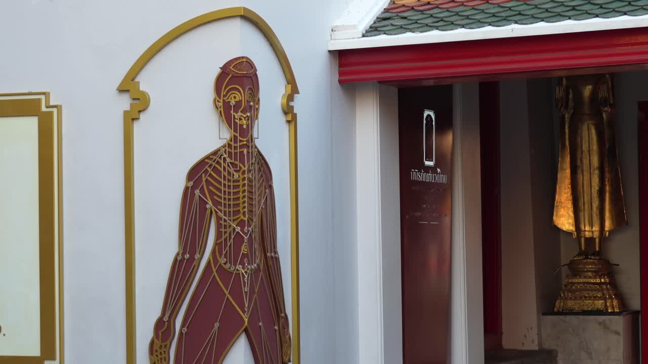 Traditional Thai massage chart showing human anatomy and pressure points, with a golden Buddha statue standing near an entrance at Wat Pho temple in Bangkok, Thailand