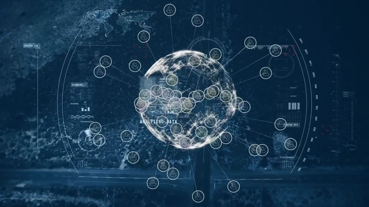 회전하는 지구에 디지털 아이콘의 애니메이션과 도시 풍경의 공중 시야 스캔