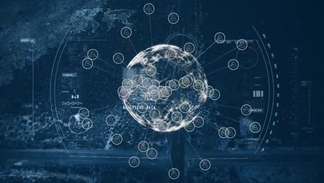 animation of digital icons on spinning globe and scope scanning over aerial view of cityscape