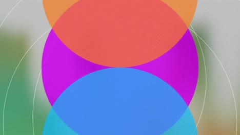 Animation-of-red-dots-over-blue,-pink-and-yellow-circles