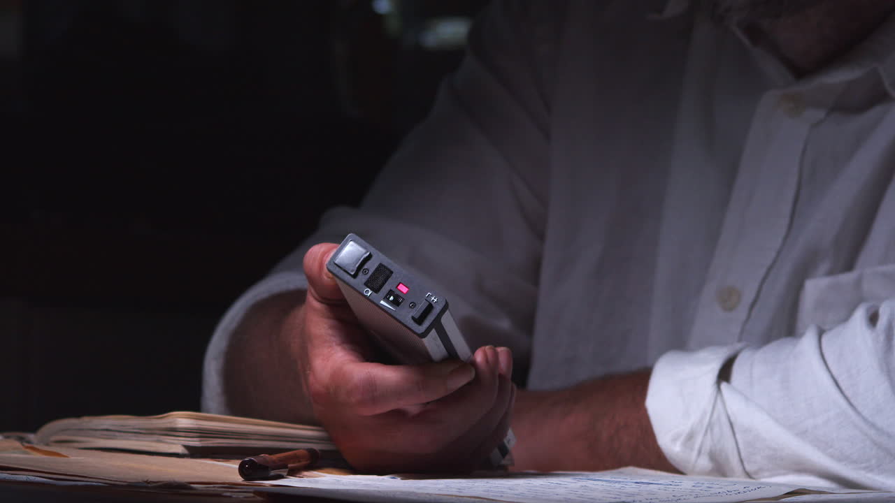 el hombre enciende la grabadora y comienza la entrevista, el interrogatorio, gesticulando y mostrando documentos