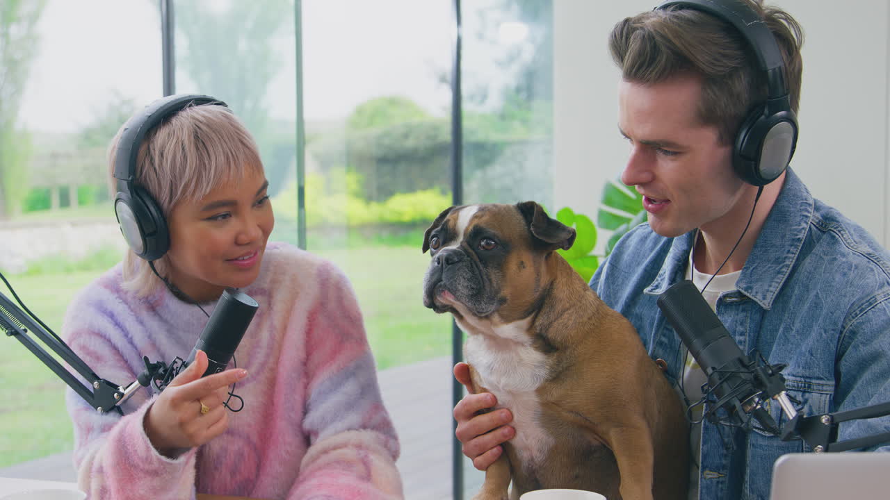 애완동물 프랑스 불도그와 함께  ⁇ 캐스트를 녹음하거나 집에서 스튜디오에서 라이브 스트리밍을 방송