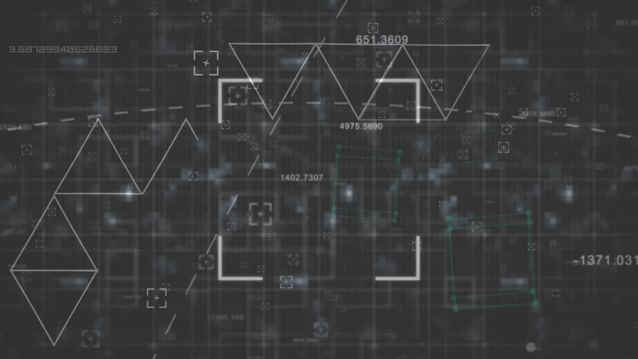 검은색 배경의 데이터 처리에 대한 로딩 삼각형과 사각형 스캐너 프레임의 애니메이션