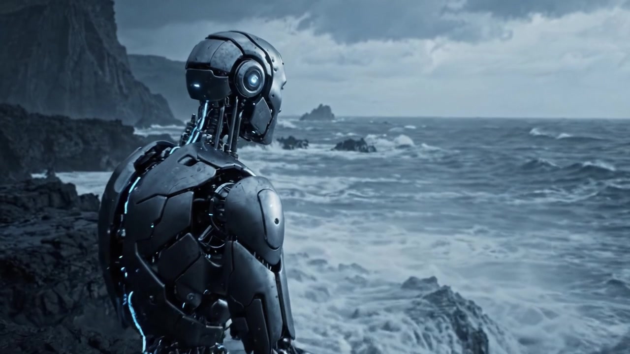 Un robot contemplativo guarda un oceano tumultuoso, con nuvole scure incombenti e scogliere rocciose sullo sfondo, riflettendo sulla sua esistenza in mezzo all'ira della natura.