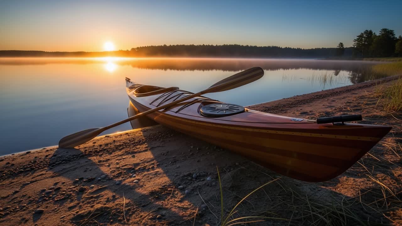 Serene Sunrise over Calm Waters: A Beautiful Kayak Resting on the Shore as the Sun Peeks Above the Horizon, Casting a Warm Glow on the Tranquil Landscape
