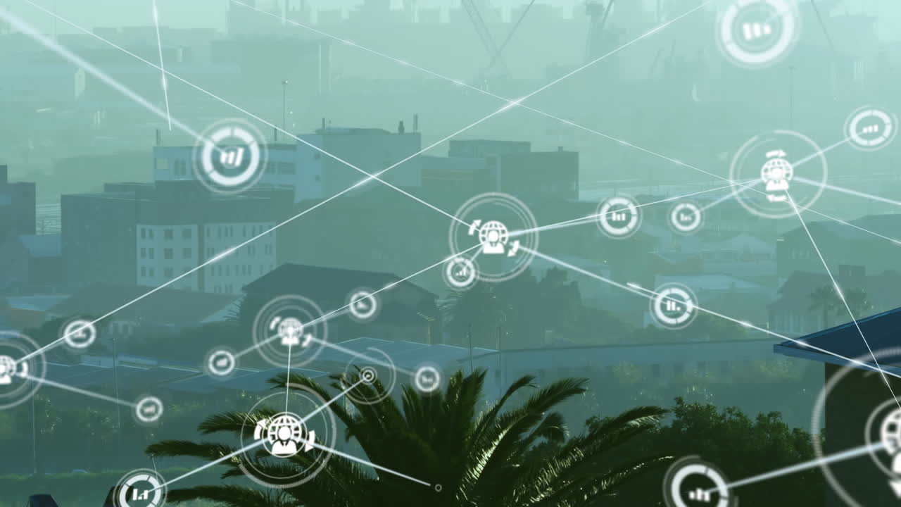 Animazione di una rete di icone digitali su una veduta aerea di un paesaggio urbano