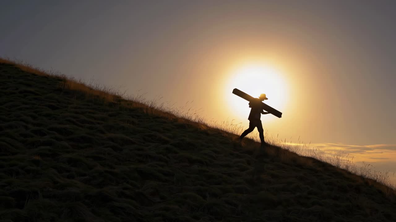Silhouette of a person carrying skis uphill at sunset, captured from a low angle