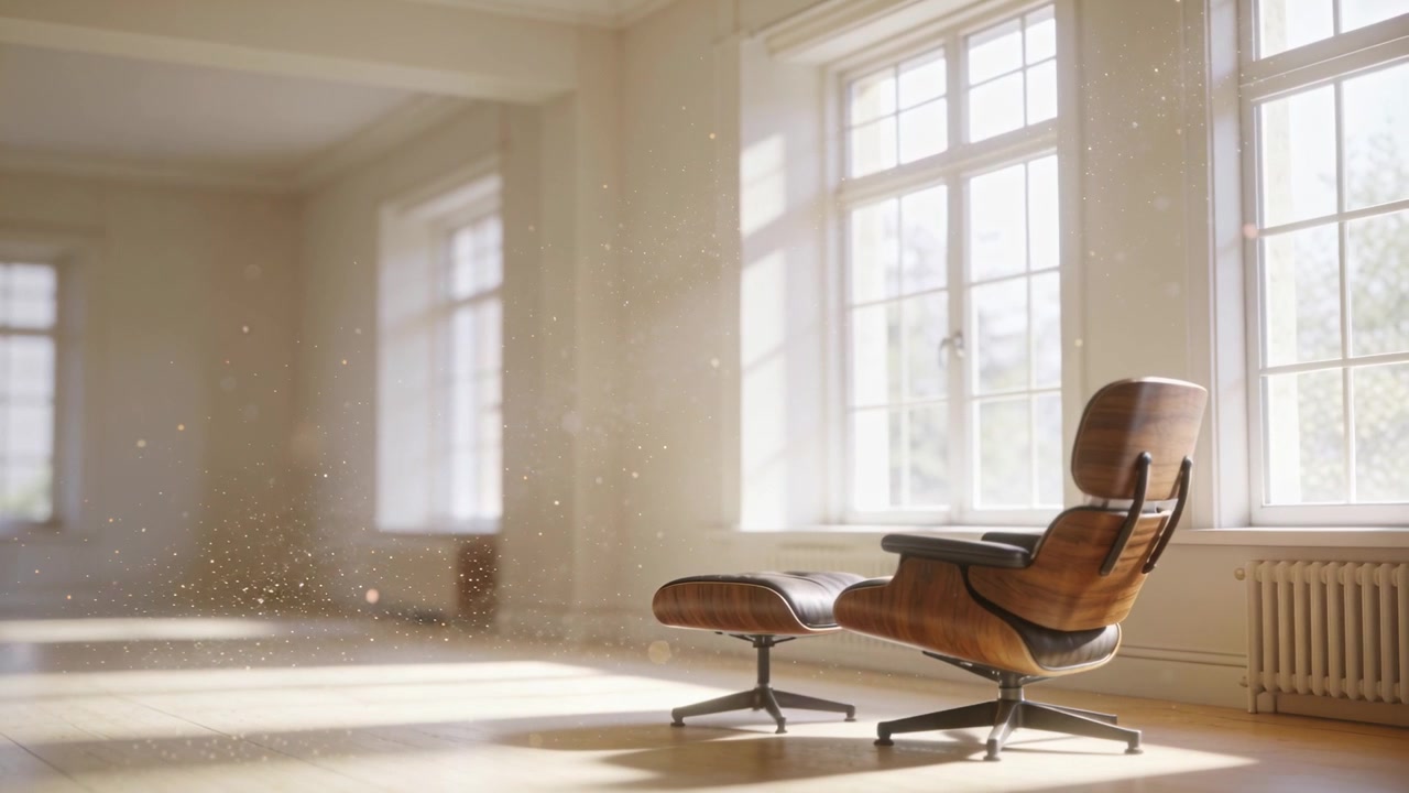 Telecamera che panoramica rivelando una poltrona lounge e un pouf sulla destra, mentre la luce del sole solleva particelle di polvere, con spazio per il testo.