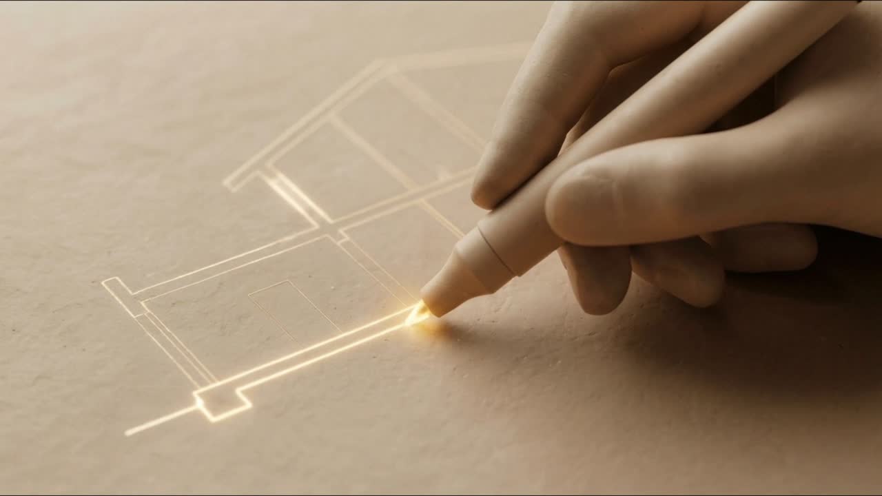 Close-up of hand using stylus to trace glowing house floor plan lines on a flat surface indoors
