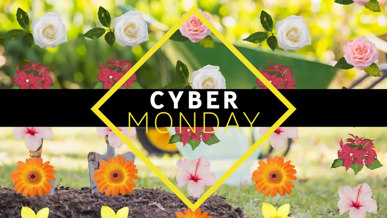 사이버 월요일 텍스트 배너의 디지털 애니메이션 여러 가지 다채로운 꽃 아이콘과 정원