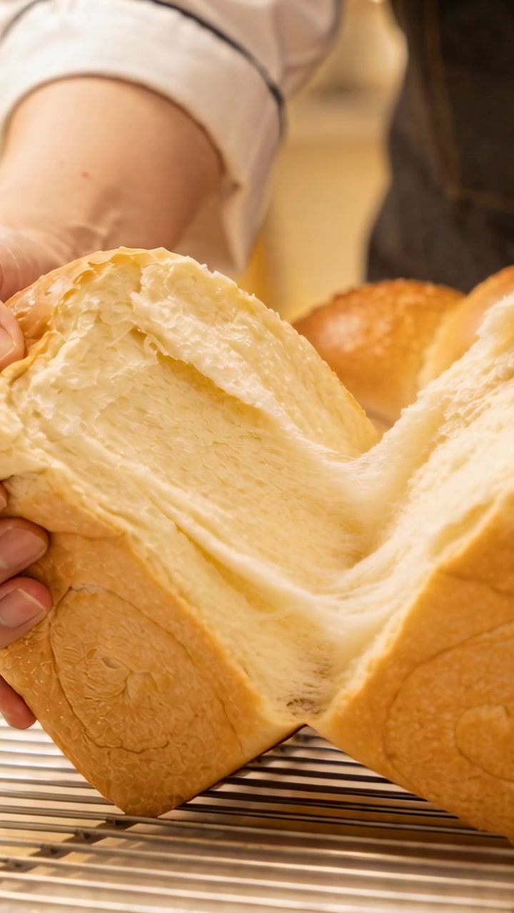 Vertical video: Gripping loaf, baker pulling on rack in bakery, showing stringy crumb, dark apron