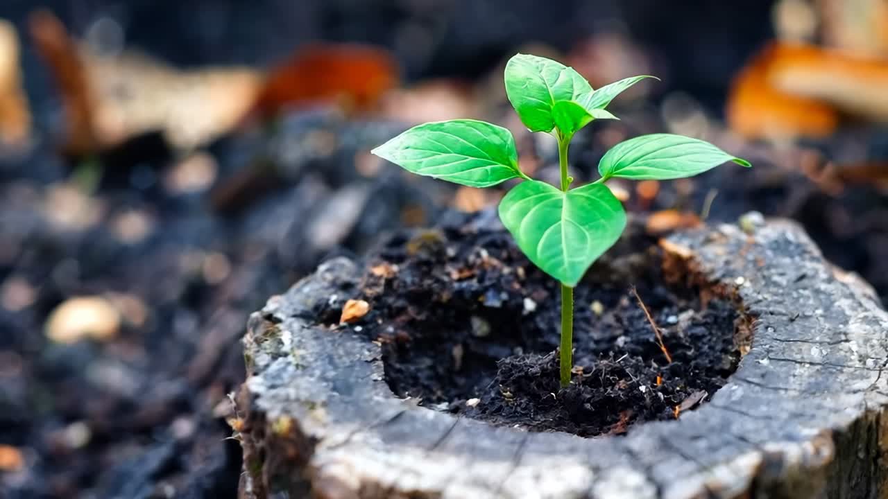 一棵小植物从树干中生长出来