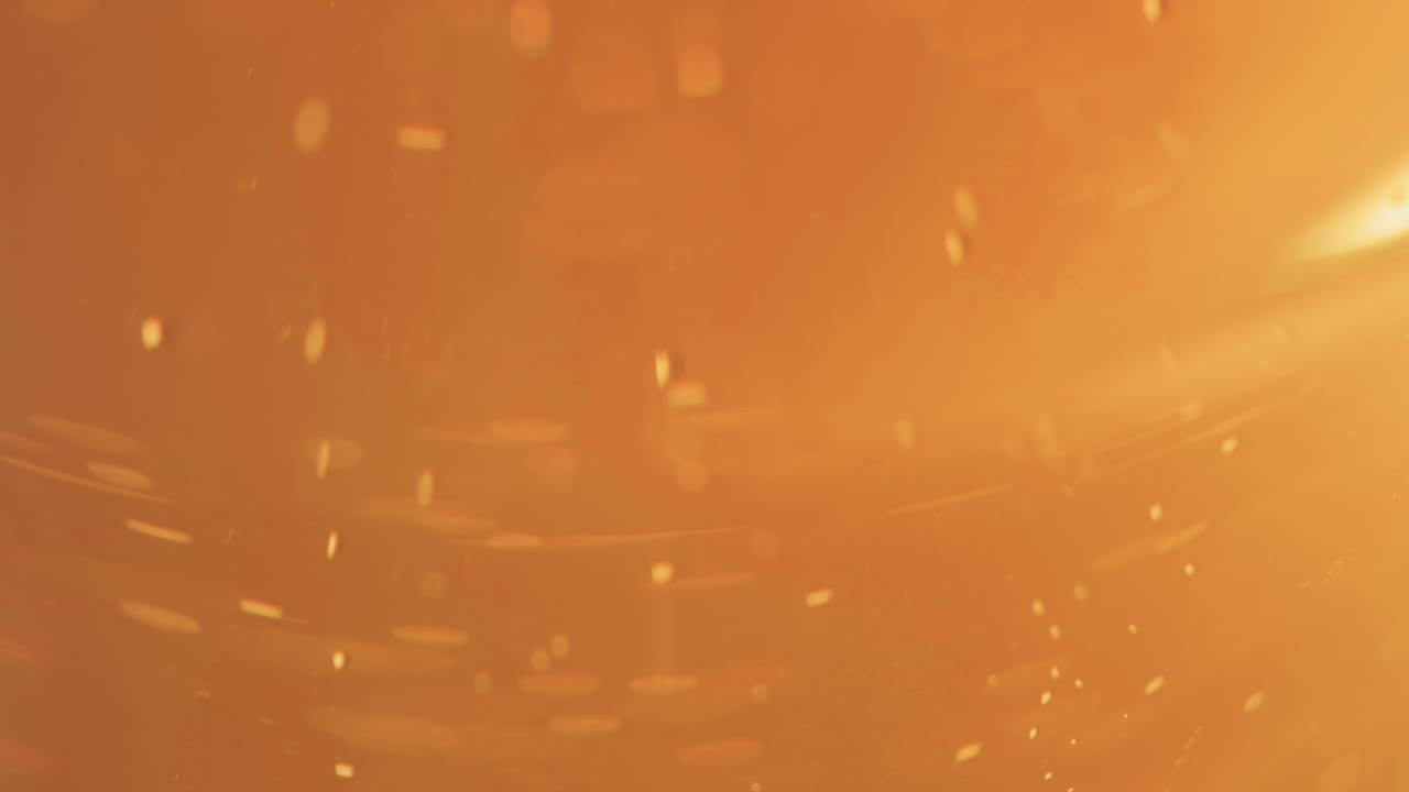 Extreme close up of beer bubbles rising in a curved pint glass, copy space background