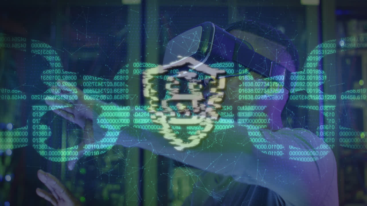 Animation of data processing over african american male worker with vr headset in server room