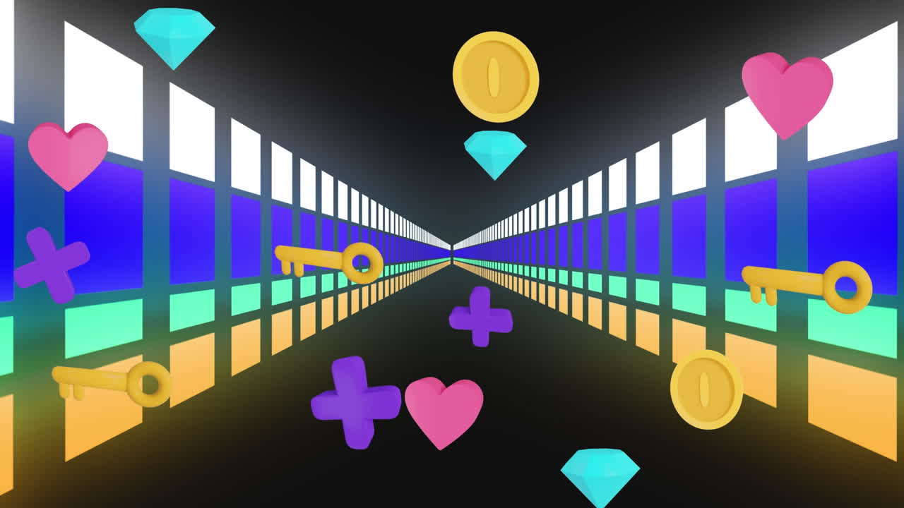 검은색 배경의 다채로운 모양 위에 아이콘의 애니메이션