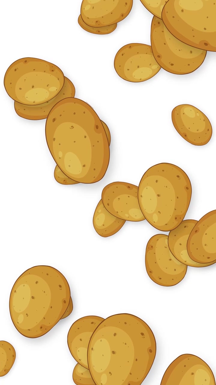 Cartoon style raw potatoes fall and tumble through frame on a clean white background.