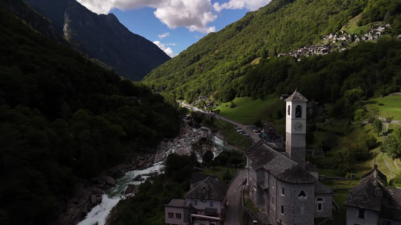 Lavertezzo mountain resort village in Switzerland Valle Verzasca aerial drone