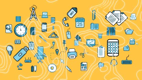 animation of white contour lines over drawn business, office and media icons on yellow background