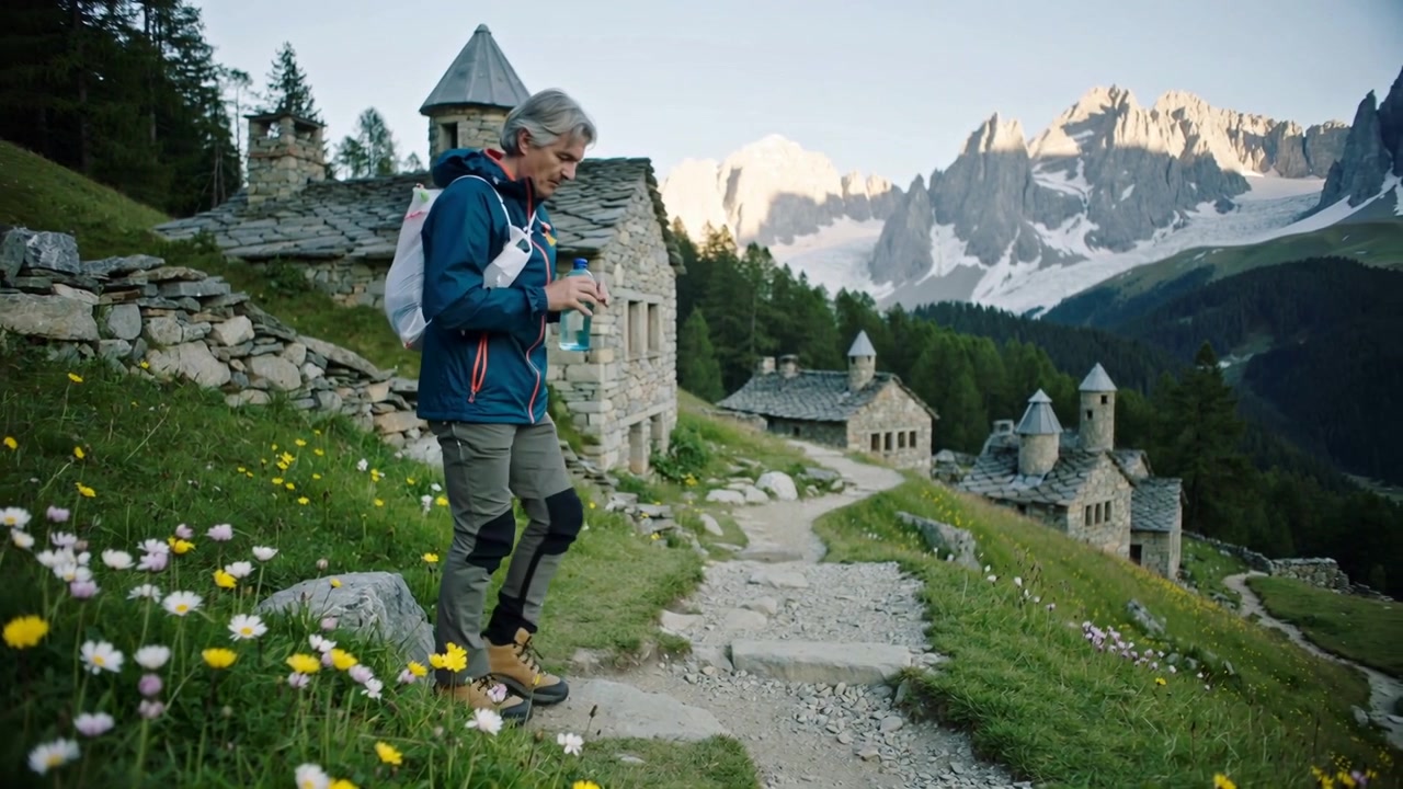 Trinkflasche leerend, älterer Wanderer im blauen Mantel sichert Rucksack, geht auf einem Pfad zu einem Weiler, Platz für Text