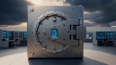 large metallic vault in a high-tech control room