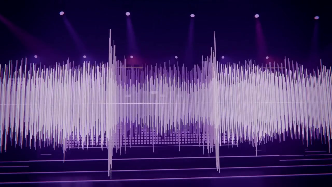 Visualizzazione della forma d'onda viola pallido che pulsa reagendo ai battiti audio su uno schermo LED da palco scuro con equalizzatore