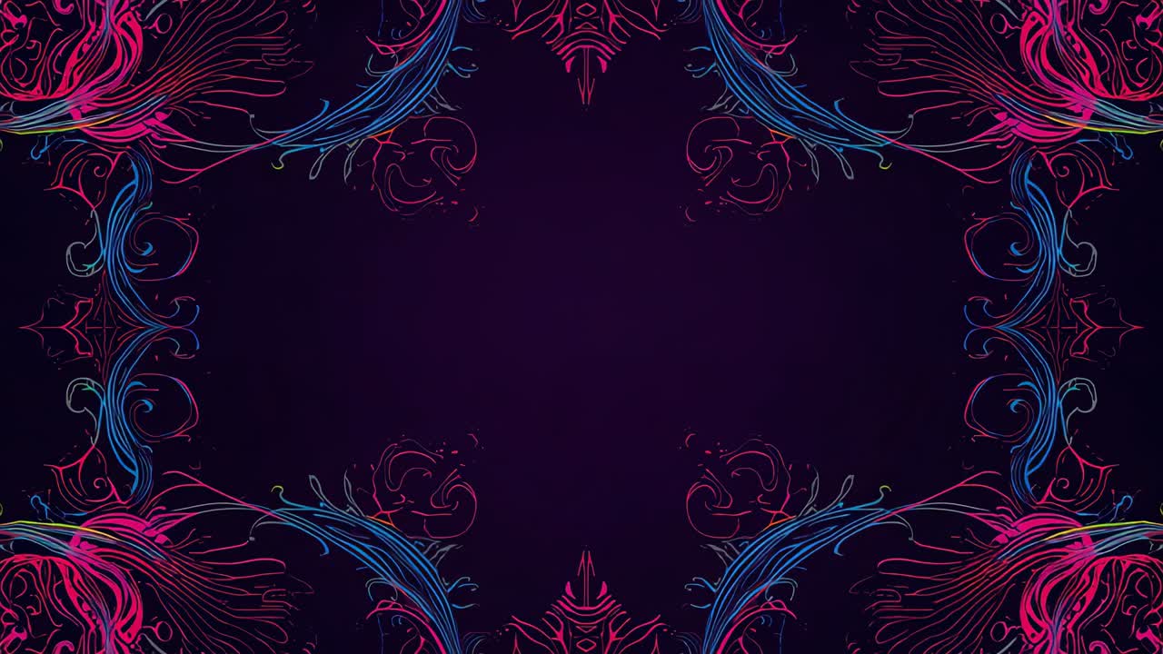 Pulsing filigree border shifting neon hues as frames advance on purple canvas, framing dark center