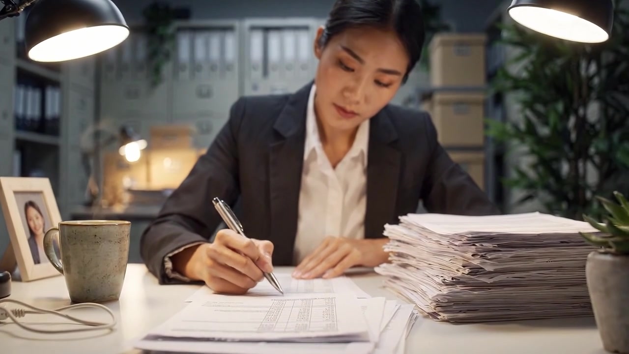 Focused Professional Analyzing Documents on a Desk Surrounded by Organized Files and Warm Lighting in a Modern Office Environment