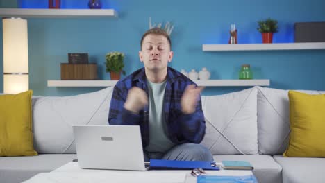 Home office worker man gives motivational speech.