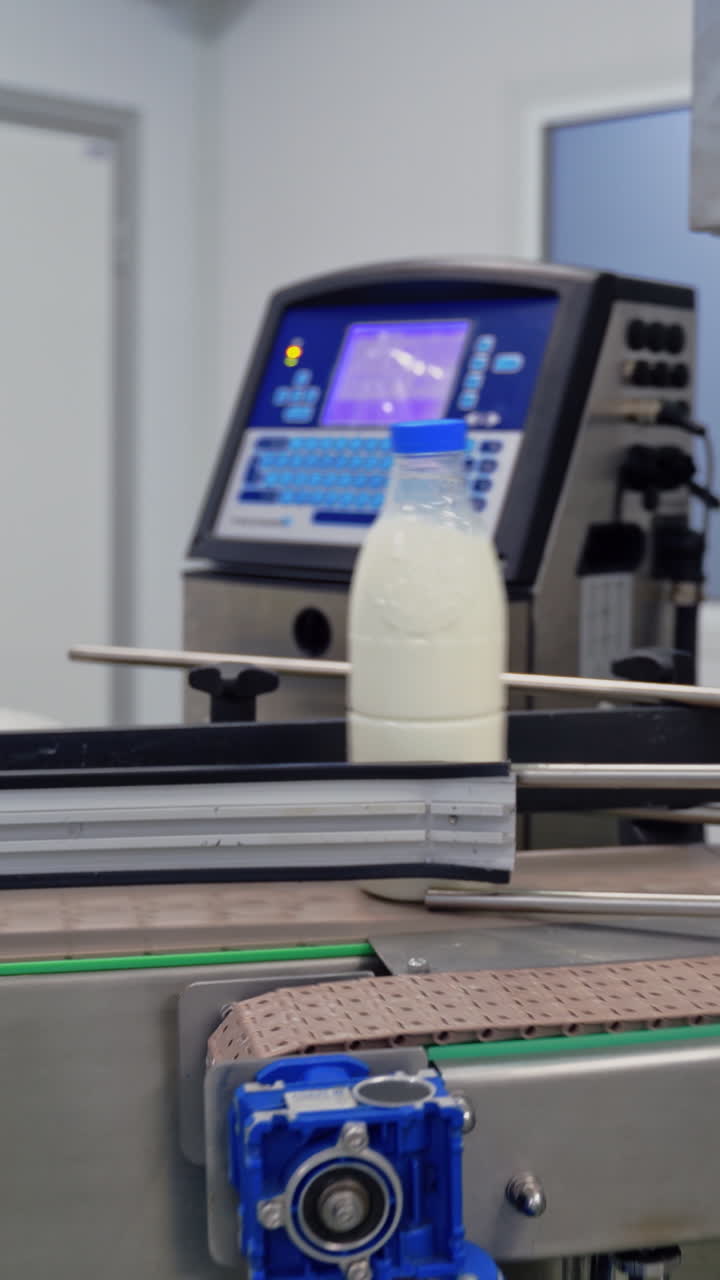 Automated company for packaging milk. Plastic bottles with fresh white milk on a conveyor belt. Modernized dairy plant. Vertical video