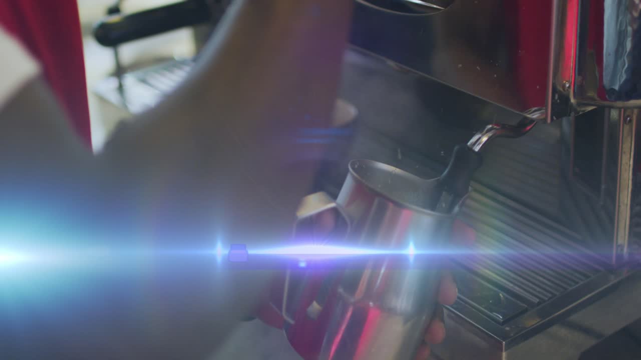 Animation of light spots over man using coffee machine