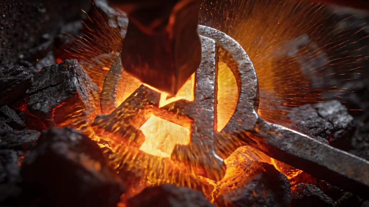 Letra A forjada incandescente aquecendo em uma haste na forja, com brasas de carvão aumentando o calor para endurecer o metal.