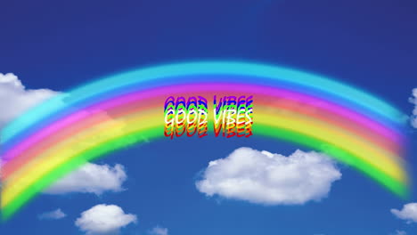 animación digital de buenas vibraciones texto sobre arco iris contra nubes en el cielo azul