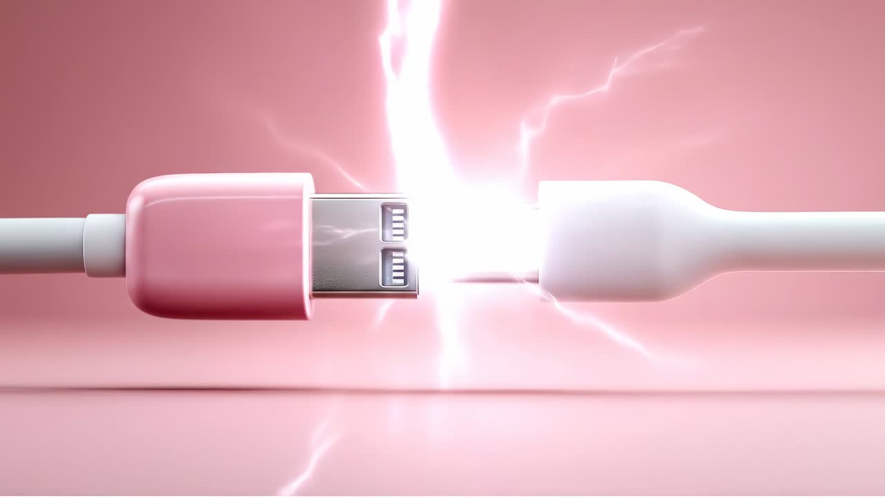 USB sparks on pink bg. A USB cable connects with sparks flying in a bright pink setting