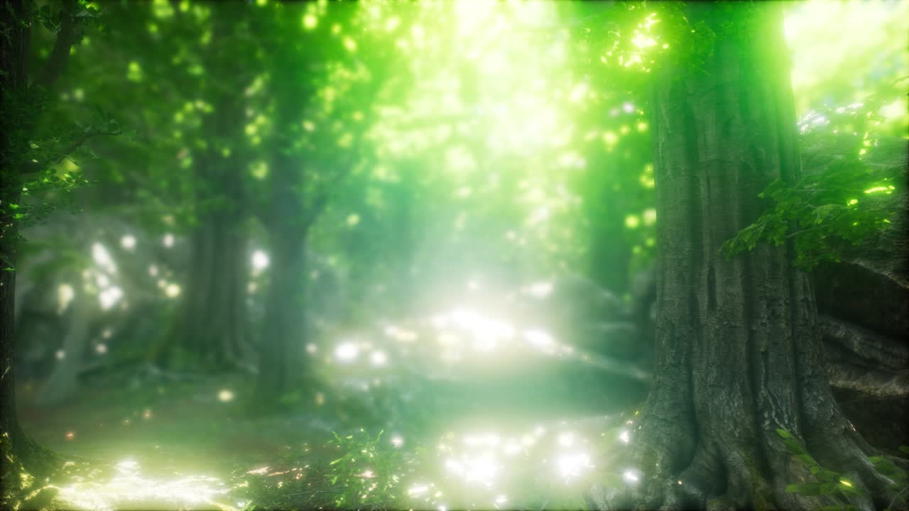 태양 광선과 함께 안개 봄 숲에서 아침