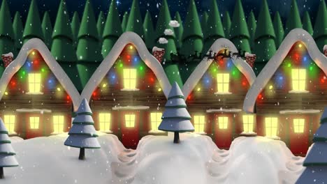 Animación-De-Papá-Noel-En-Trineo-Con-Renos-Sobre-Nieve-Cayendo-Y-Casas-Con-Luces-De-Colores.