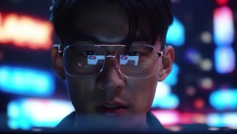 focused individual analyzing digital displays in a high-tech environment with reflected monitor information enhancing the overall atmosphere and mood