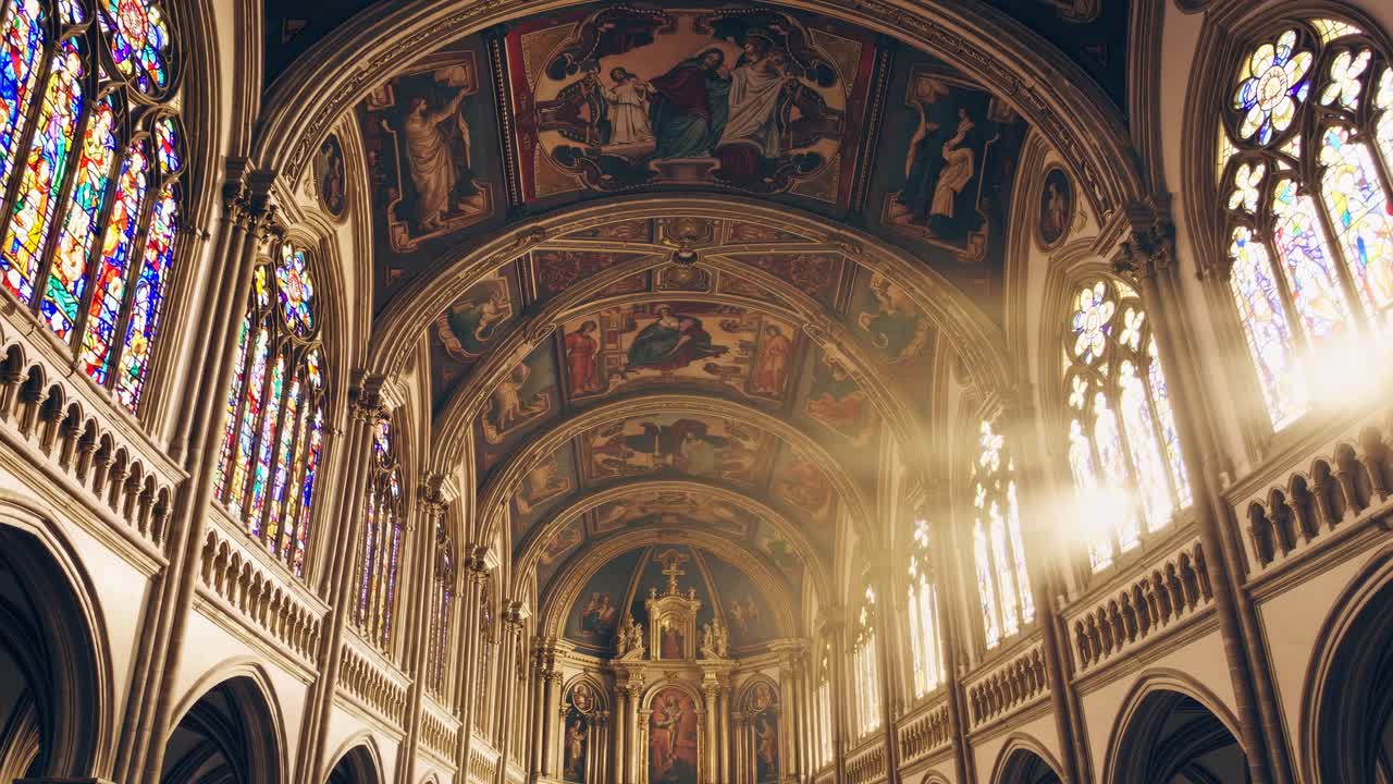 A majestic cathedral interior with stained glass windows and ornate ceilings, captured from a low