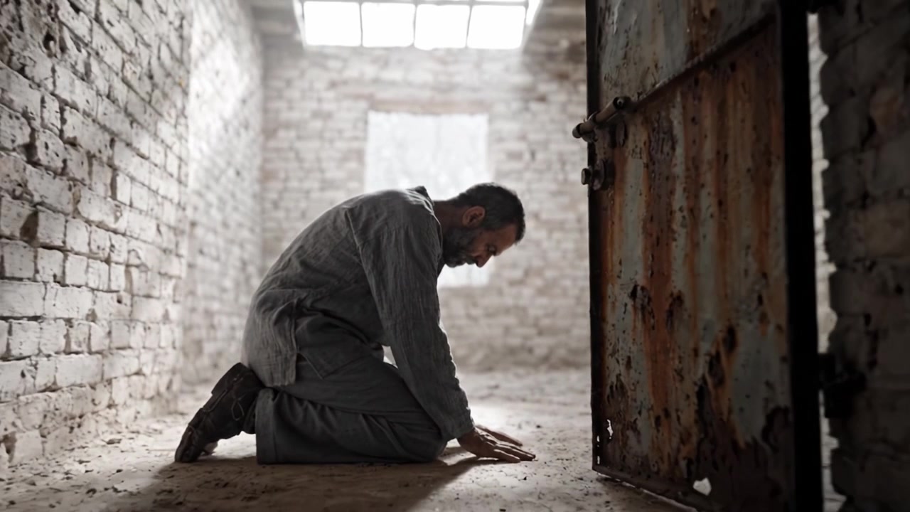 Un Uomo Solenne Contempla la Resa in una Stanza Desolata, Lottando con Turbolenze Interiori e il Peso delle Sue Circostanze Tra Silenzio Inquietante e Isolamento.