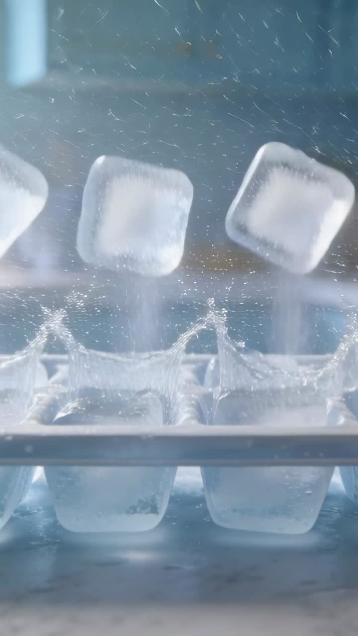Video verticale: Cubetti trasparenti che cadono colpendo un vassoio di plastica in cucina, rilasciando goccioline e particelle.