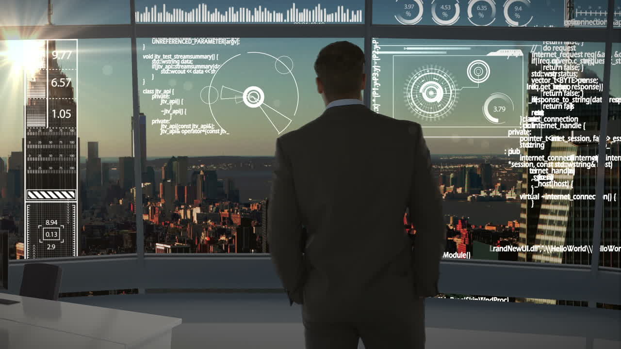 사무실 창에서 디지털로 생성된 텍스트와 그래픽을 보는 사업가