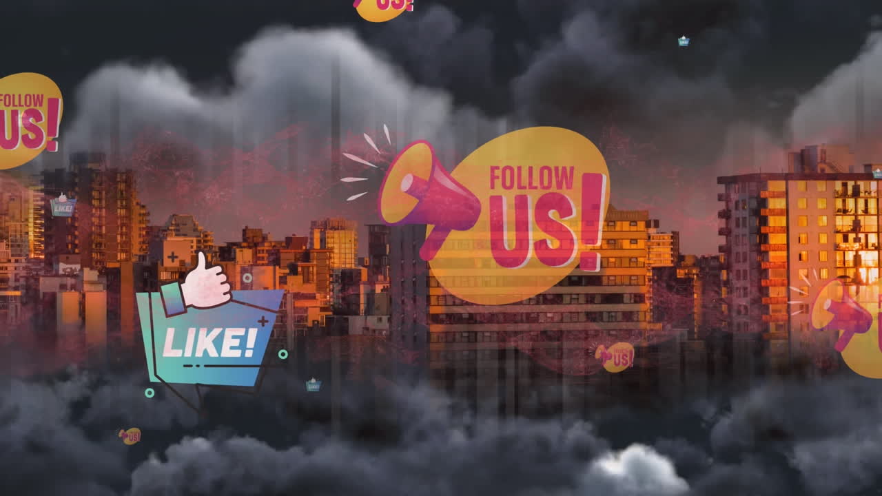 Multiple social media icons floating over dark clouds against cityscape