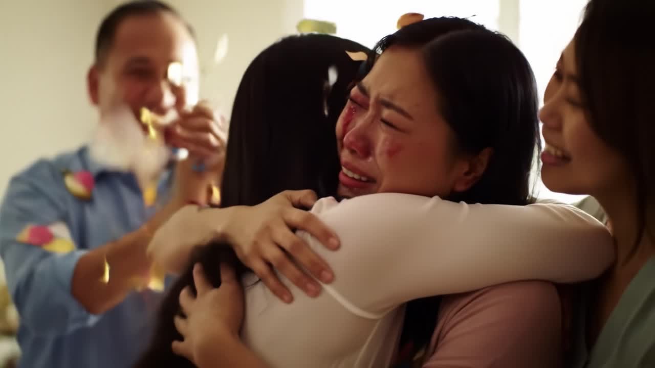 Emotional Reunion: A Heartfelt Embrace Capturing the Joy and Tears of Two Loved Ones, Surrounded by Supportive Family Members Celebrating a Special Moment Together