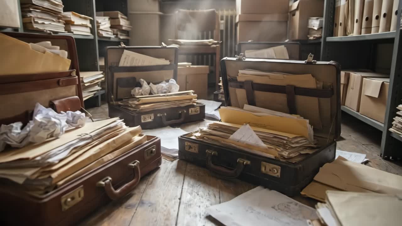 Valises vintage débordant de vieux documents dans des archives poussiéreuses.