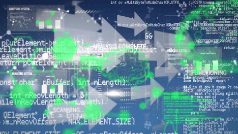 animation of green hexagons and white arrows over data processing on blue background