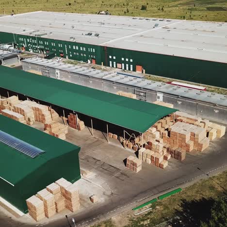aerial view of a parquet board manufacturing plant. warehouse of parquet board. factory production capacity