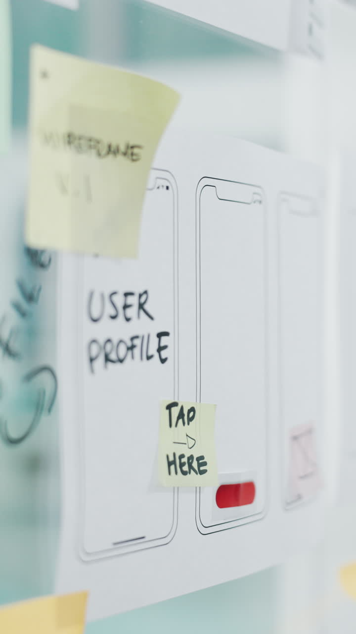 Mano che posiziona Post-it su wireframe UI di app mobile
