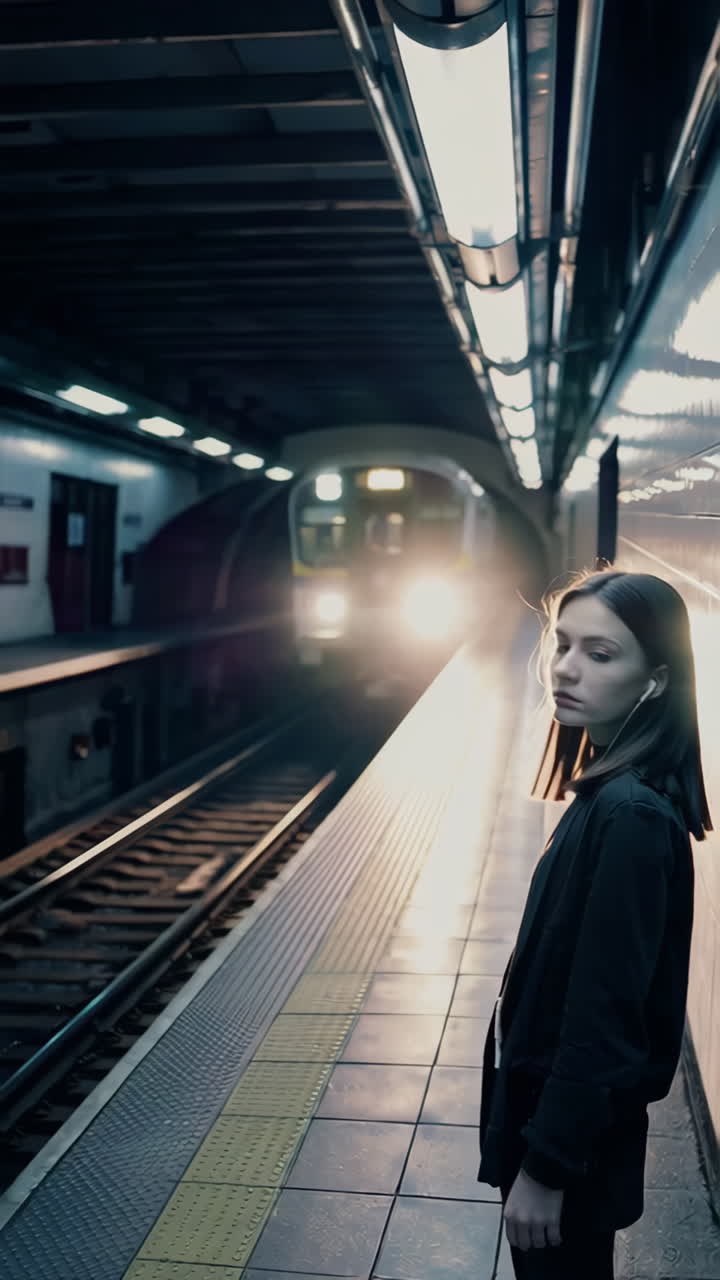 Young Woman Waiting for Train in Subway Station
